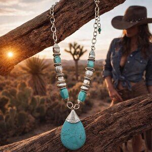 Southwestern Turquoise Teardrop-Pendant 20" Silver-Tone Beaded Necklace